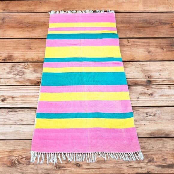 Hand Knotted Striped Cotton Fringe Area Rug Beach Blanket Outdoor Throw Rug 3x6 - Picture 1 of 6